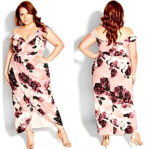 City Chic Pink Rose Floral Print Off Shoulder Lost In Love Maxi‎ Dress Size 14